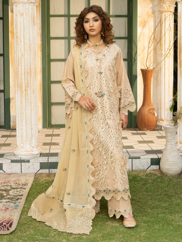 Embroidered lawn suit in beige with chiffon dupatta