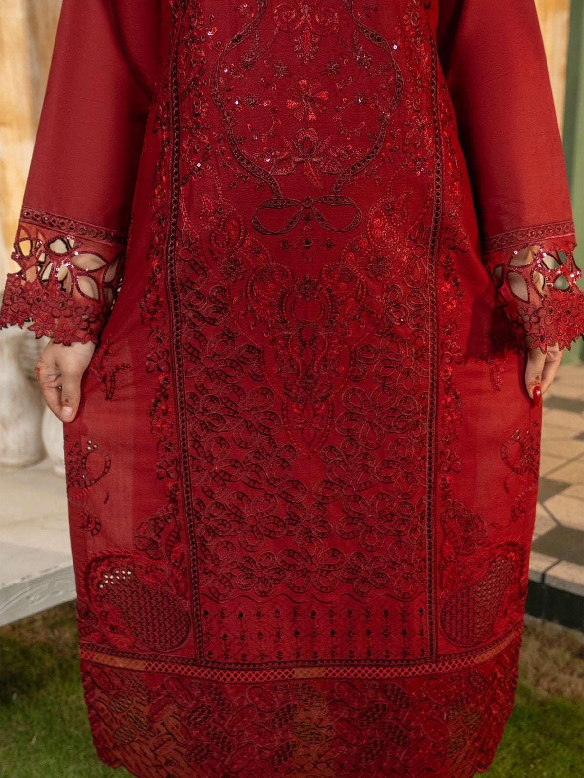 Close-up of front panel embroidery on lawn suit