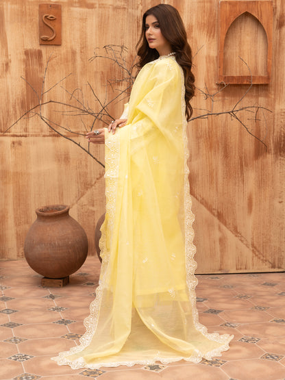 Close-up of embroidered neckline on lemon yellow suit