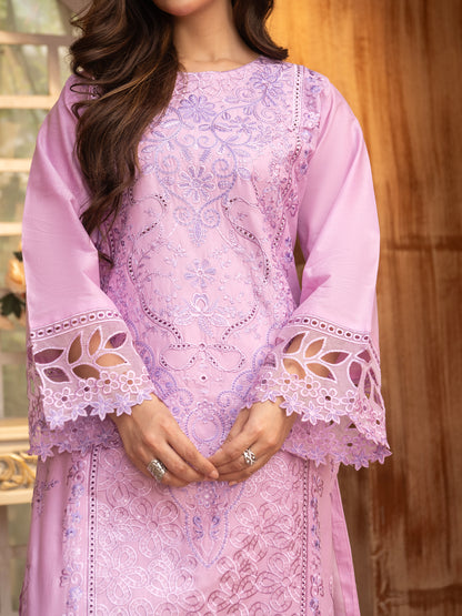 Back view of lilac embroidered lawn suit with dupatta