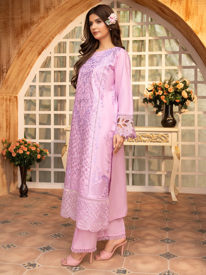 Portrait of model wearing lilac embroidered suit
