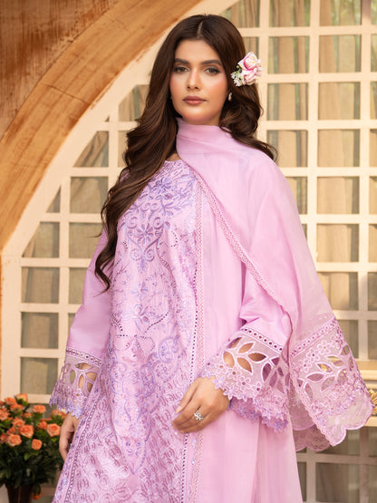 Lilac embroidered lawn suit with dupatta, seated
