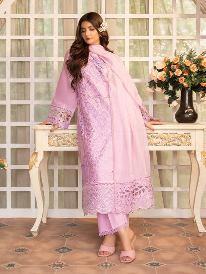 Side view of lilac embroidered lawn suit