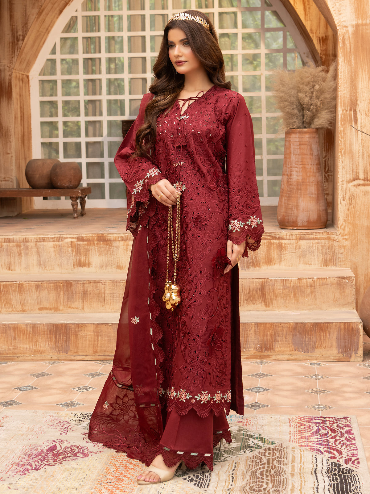 Full look of maroon embroidered lawn suit with dupatta and trousers
