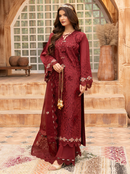 Full look of maroon embroidered lawn suit with dupatta and trousers