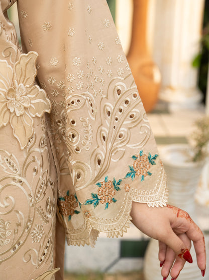 Close-up of embroidered neckline on lawn suit