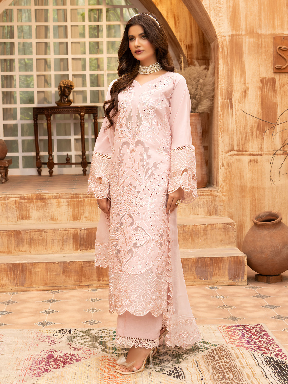 Full look of pink embroidered lawn suit with matching trousers and dupatta