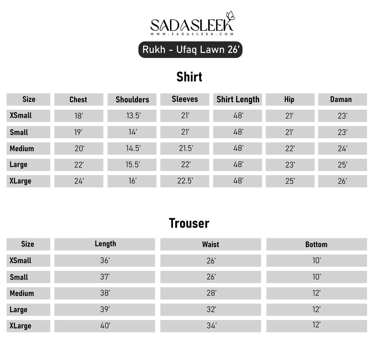 Size Chart - 4 Pieces Embroidered Lawn Suit Beige with Lining Rukh U2B