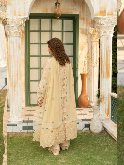 Side view of beige embroidered lawn suit