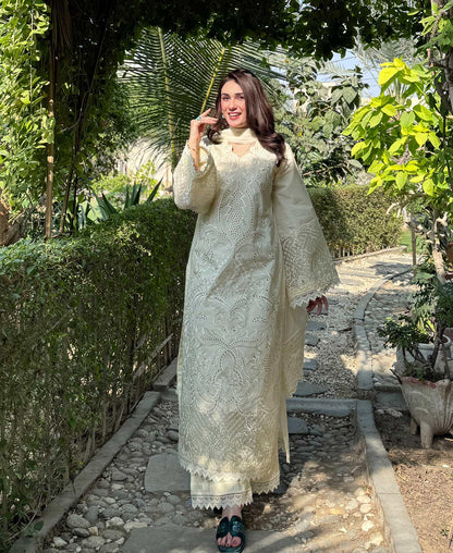 BEST SELLING ⚡ 3 pcs  Lawn Cotton Embroidered Dress - Butter Beige