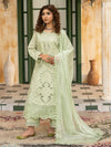 Ladies embroidery suit in pista green, front view
