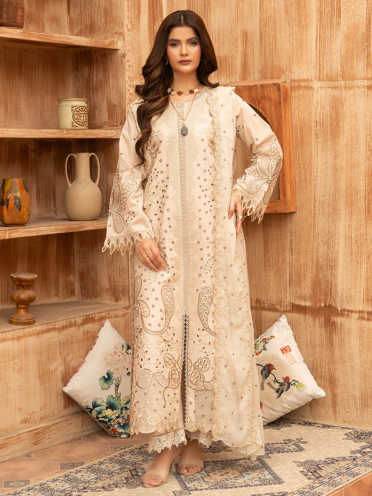 Lawn cotton embroidered dress in beige with chiffon dupatta
