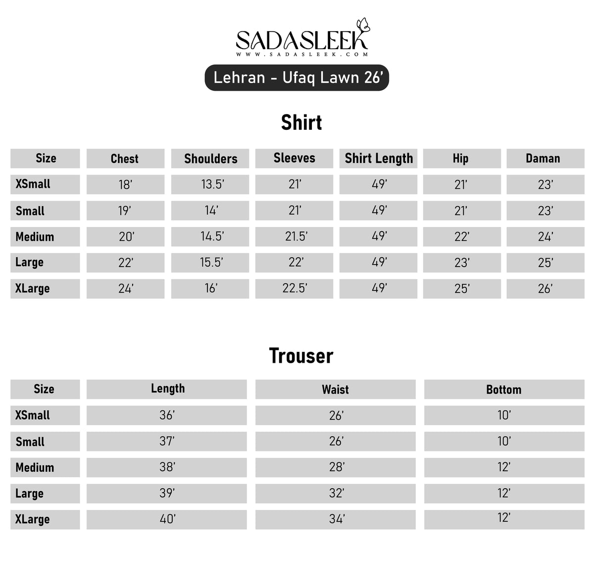 Size Chart - Lawn Cotton Embroidered Dress Beige Lehran U4A