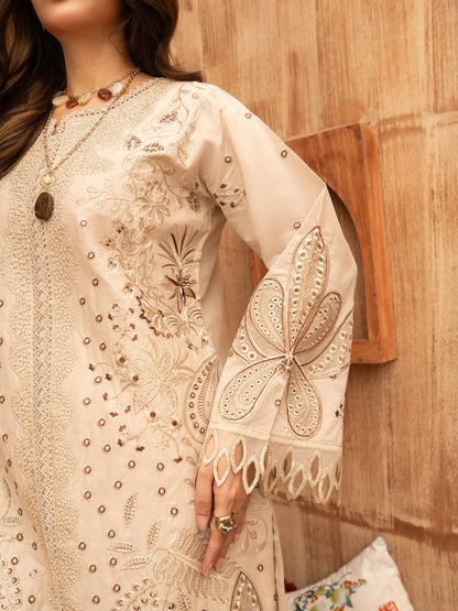 Side profile of beige lawn cotton embroidered dress