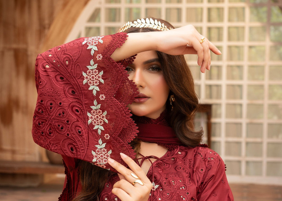 Maroon Suit, Close-up (dupatta draped over head, gold headpiece)
