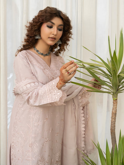 Beige lawn embroidery dress styled with jewelry