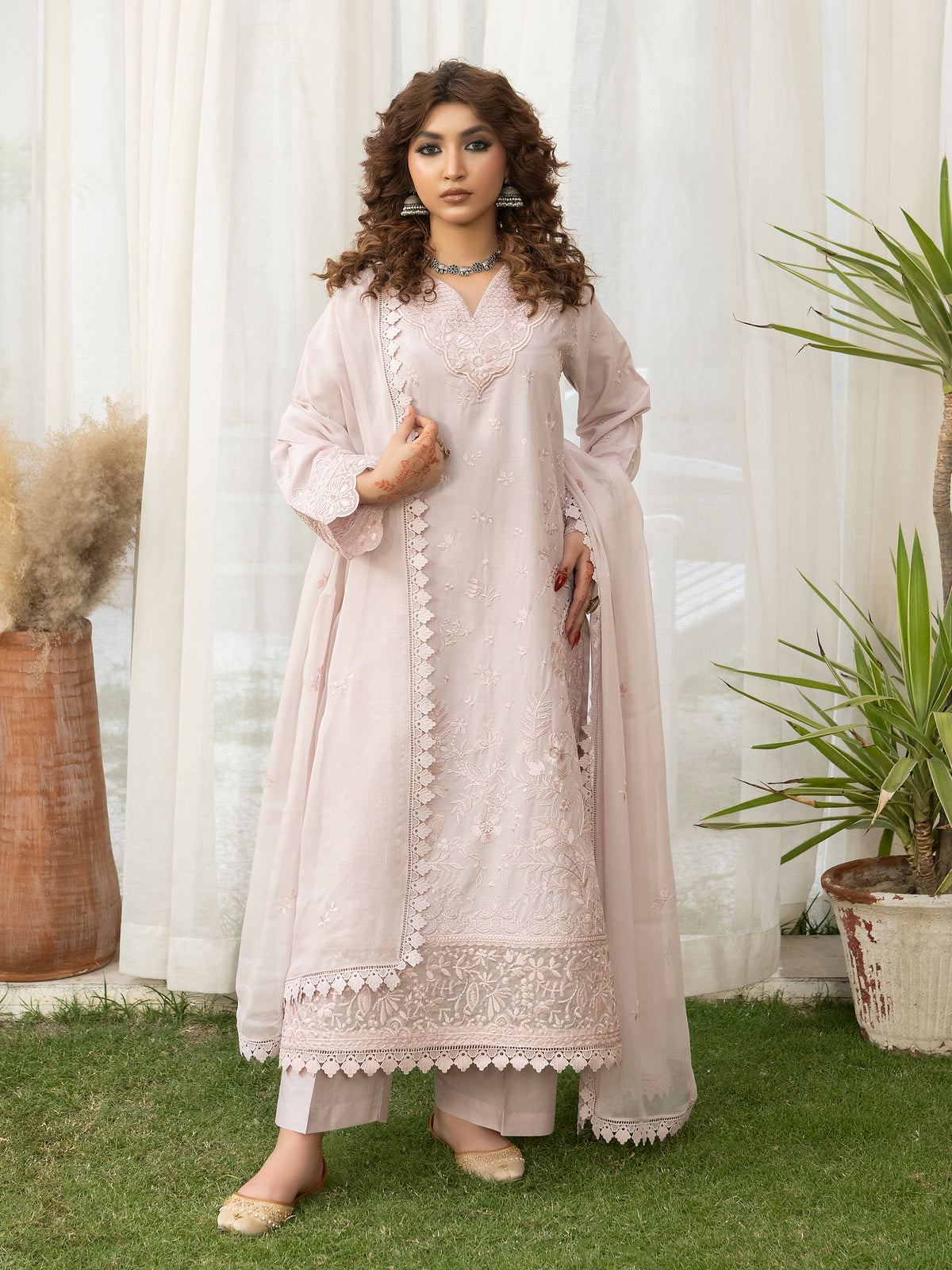 Lawn embroidery dress in beige with chiffon dupatta