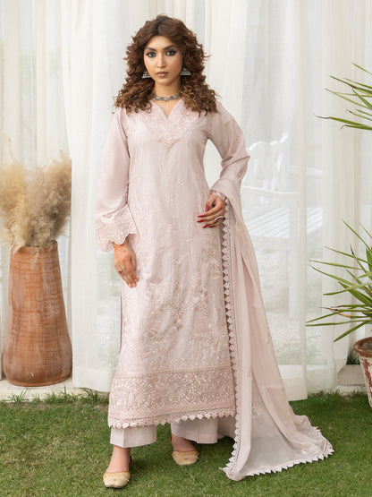 Beige lawn embroidery dress, front standing view