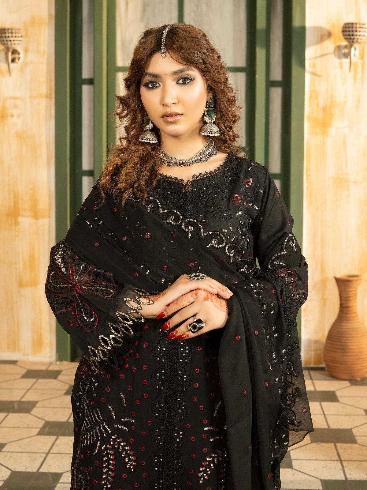 Black embroidered lawn suit with chiffon dupatta, close view