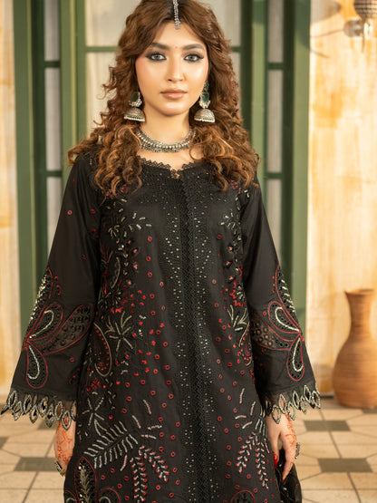 Black lawn suit styled with silver jewelry and chiffon dupatta