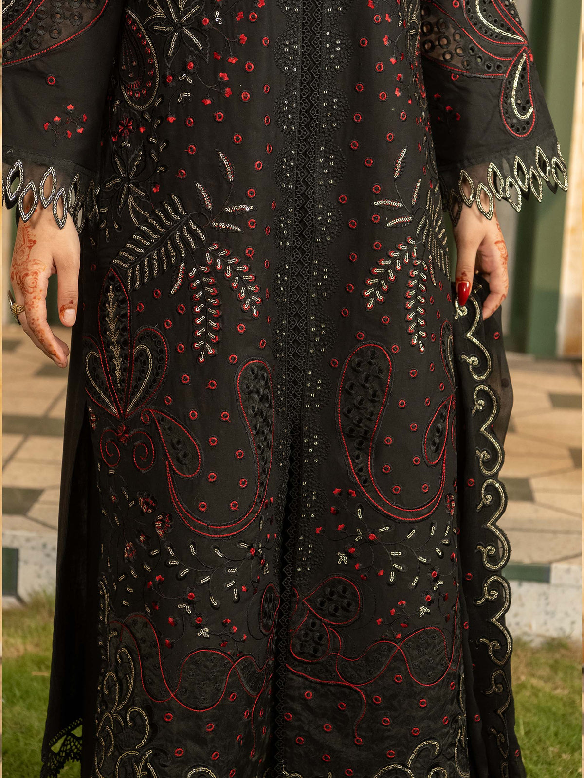 Close-up of sequin and cutwork embroidery on lawn suit