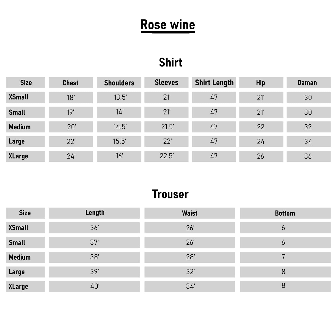 Size Chart - Rose Wine - 3 Piece Embroidered Lawn Cotton Suit