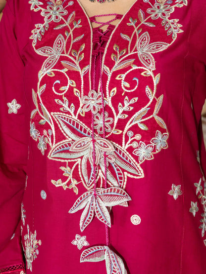Close-up of back embroidery on hot pink lawn suit