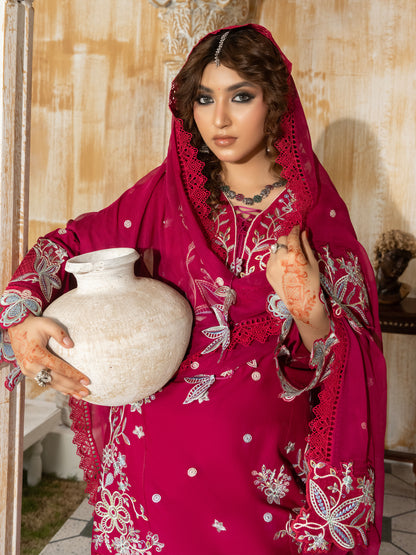 Back view of hot pink embroidered lawn suit with dupatta