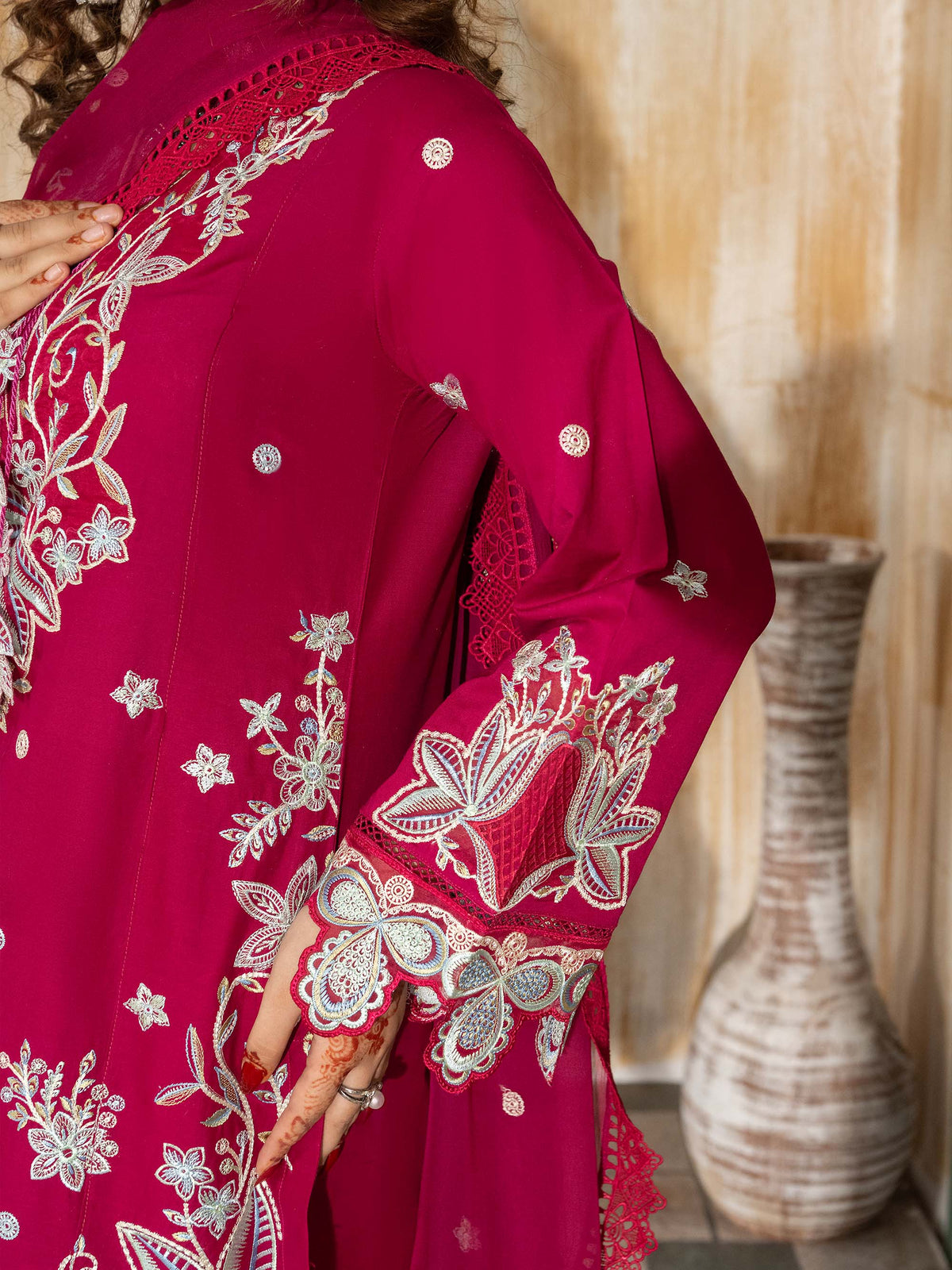 Close-up of front panel embroidery on lawn suit