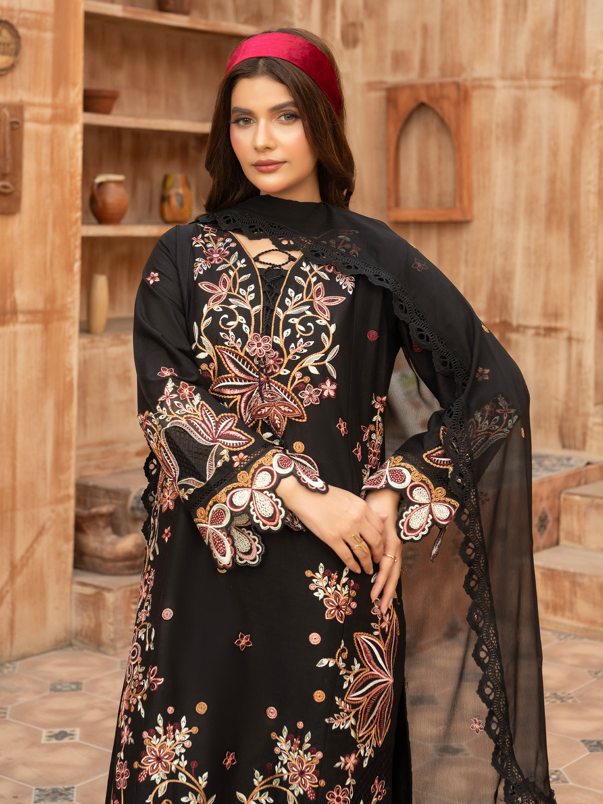Close-up of embroidered neckline on lawn suit