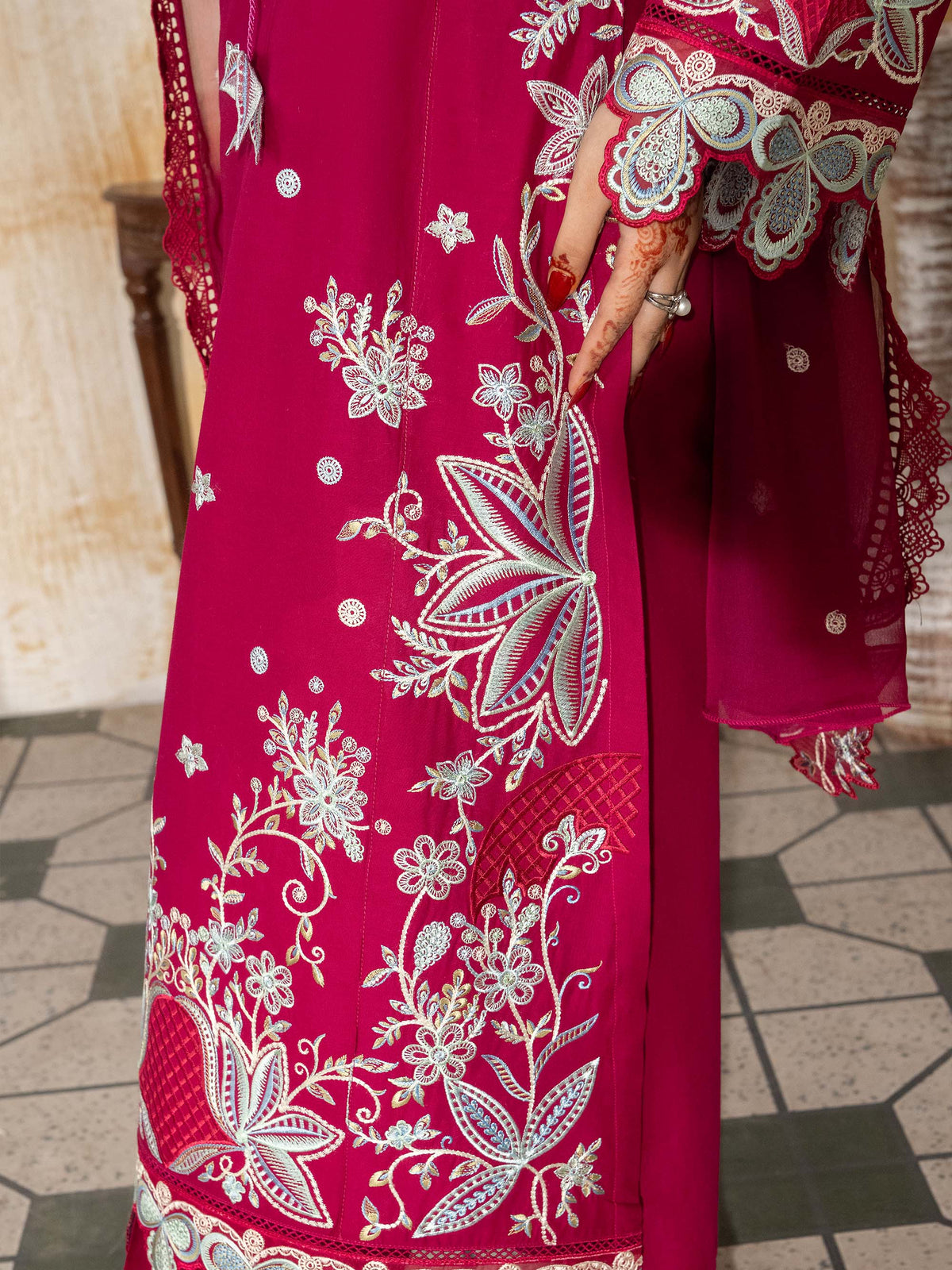 Close-up of embroidered neckline on lawn suit