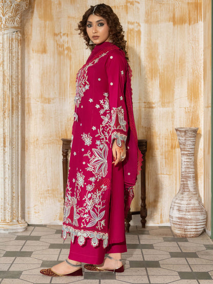 Portrait of model wearing unstitched embroidered lawn suit