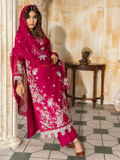 Side view of hot pink unstitched embroidered lawn suit