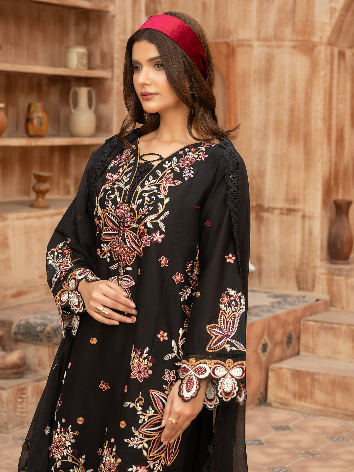 Close-up of sleeve embroidery on black lawn suit