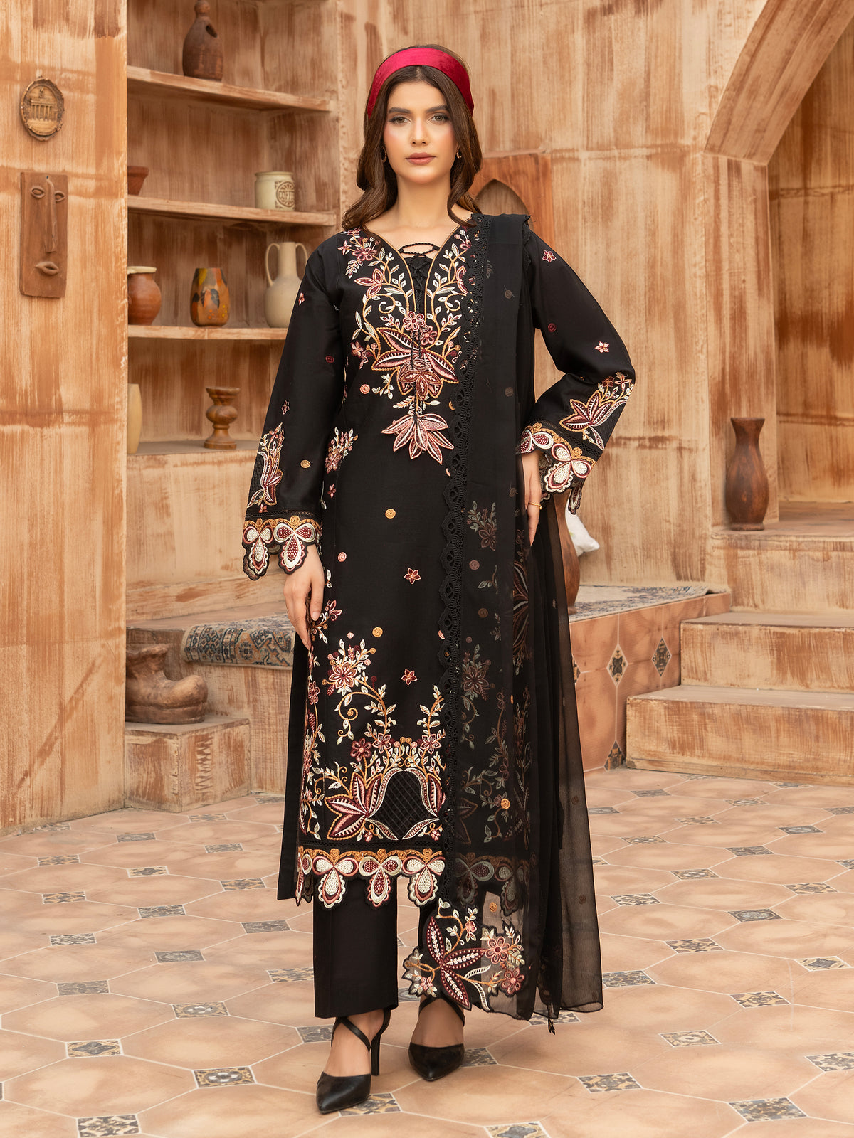 Unstitched embroidered lawn suit in black