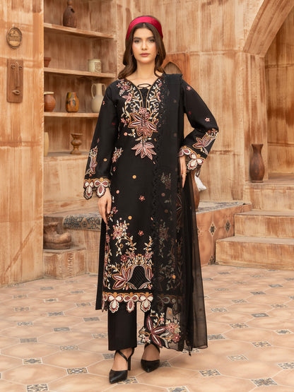 Unstitched embroidered lawn suit in black